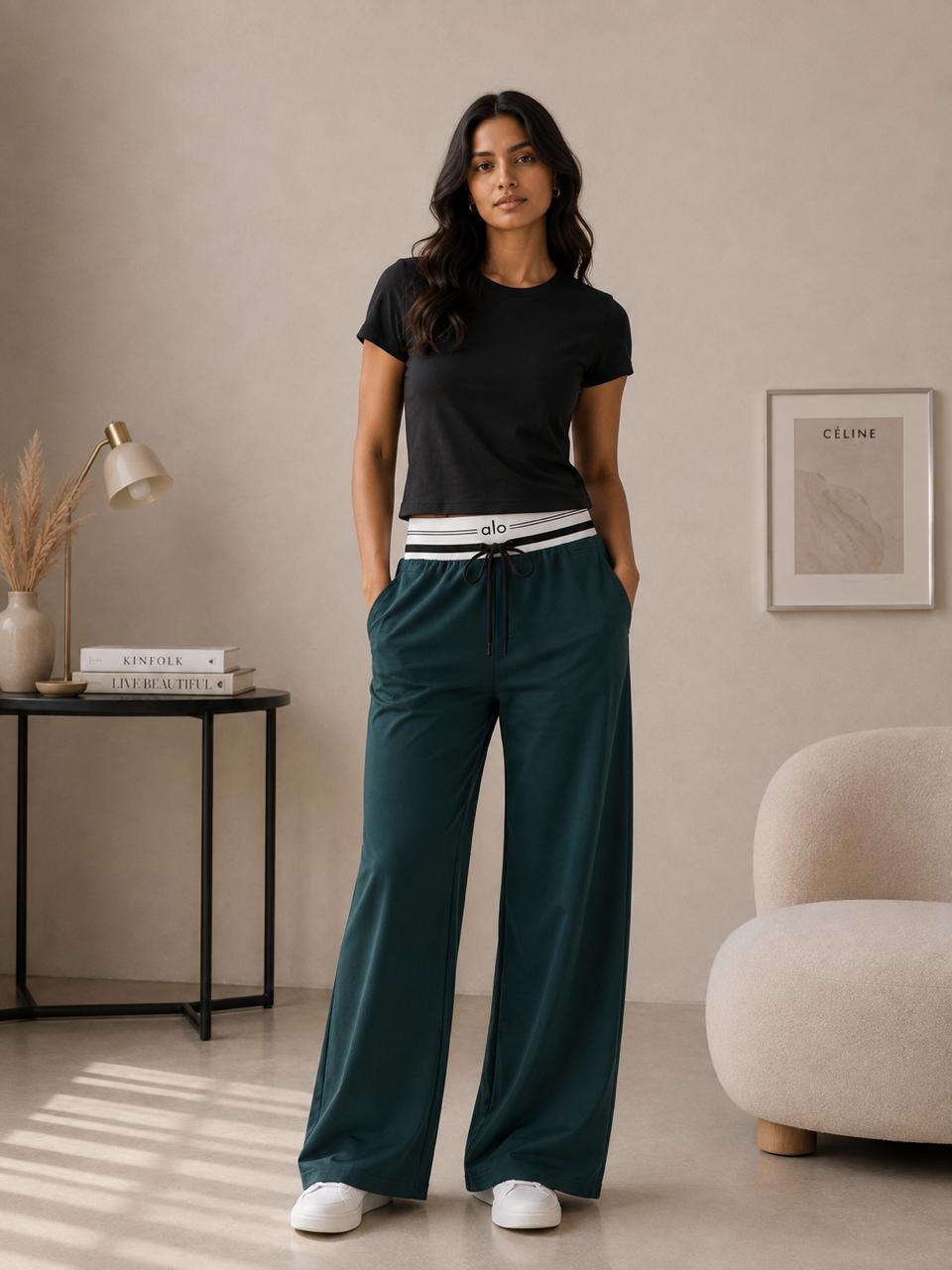 Women’s Olive-Green Wide-Leg Track Pants with Striped Elastic Waistband & Drawstring