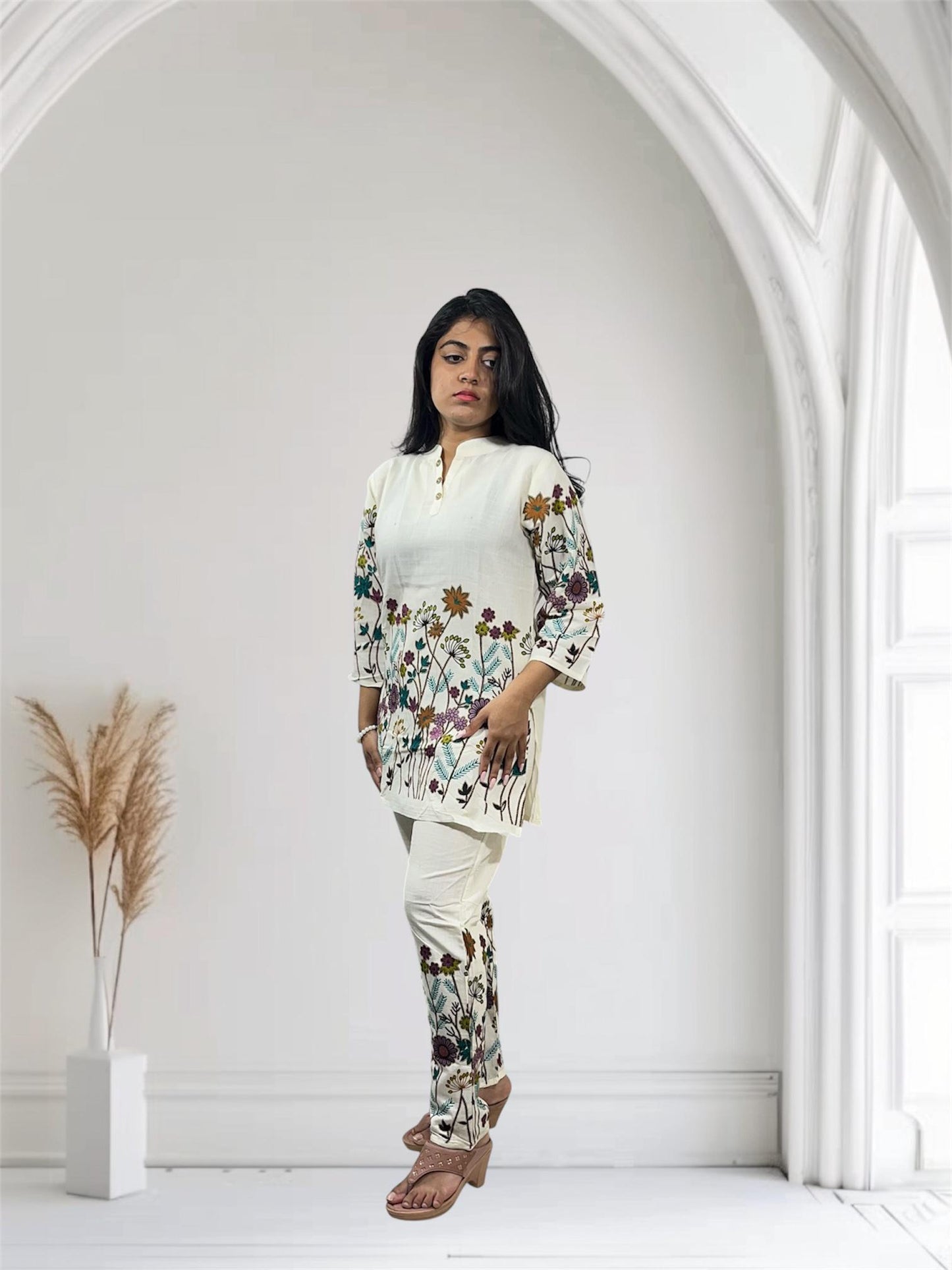 Elegant cream floral printed linen co-ords
