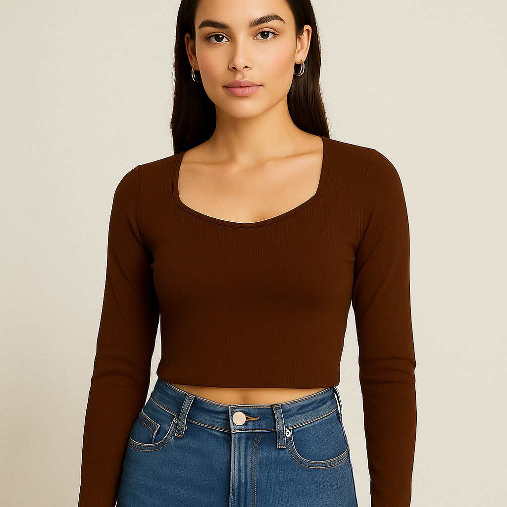 Stylish coffee brown knitted crop top | full sleeve
