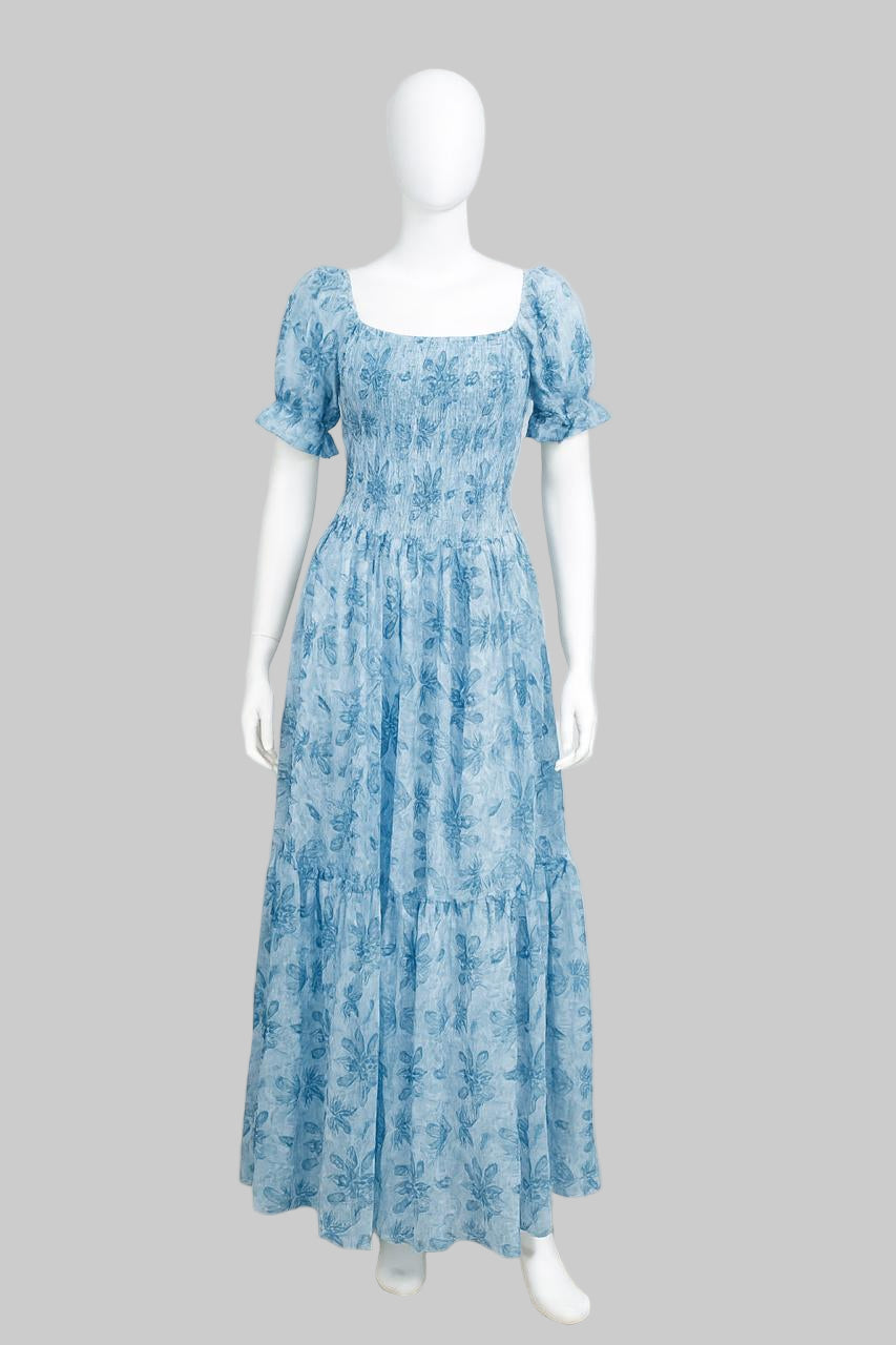 Women's sky blue printed sundress with puff sleeve