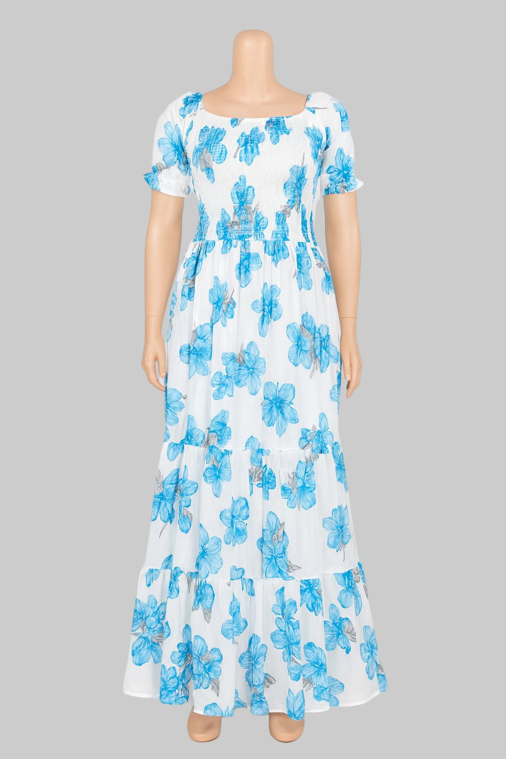 Women's blue floral printed sundress with puff sleeve