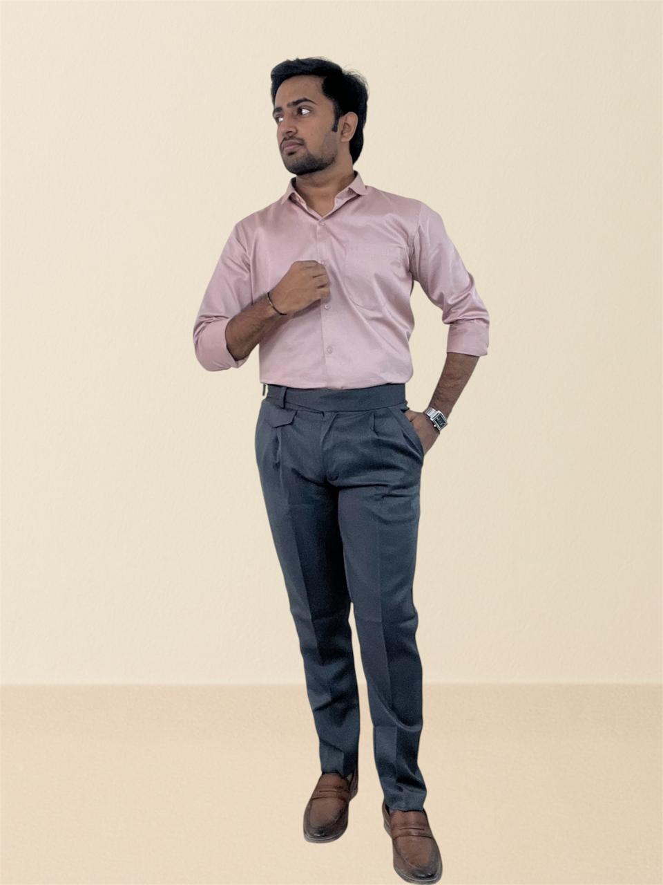 Blush pink fluid shirt & grey linen Gurkha pants set