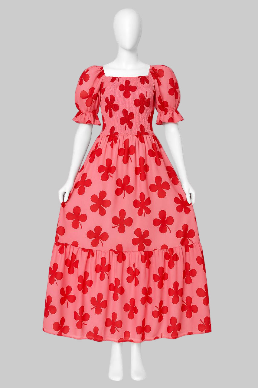 Women's pick with floral printed sundress with puff sleeves