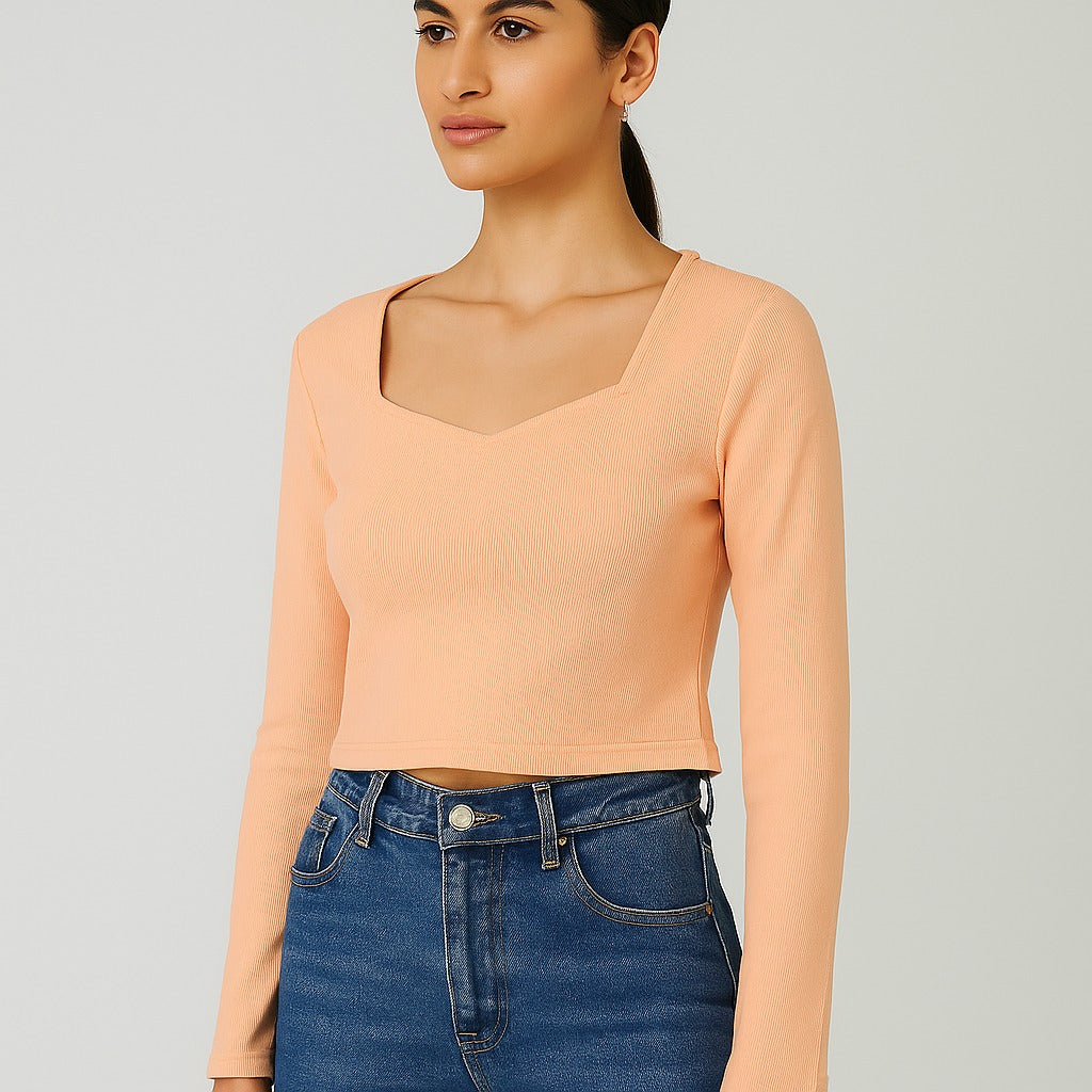 Stylish peach knitted crop top | full sleeve