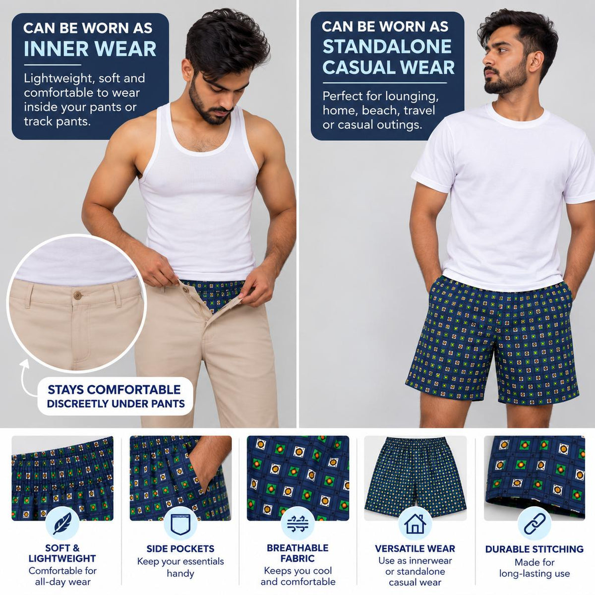 Men’s 100% cotton Geometric Printed Boxer Shorts | Double side pockets