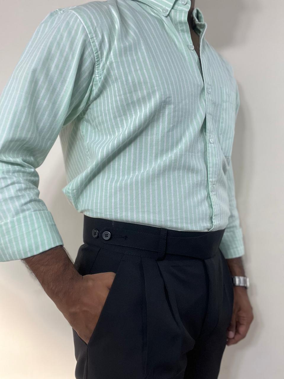 Pastel mint oxford cotton-linen shirt with white stripes | button-down collar