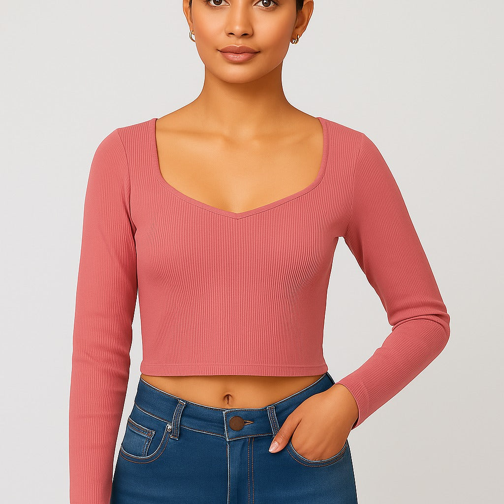 Stylish pink knitted crop top | full sleeves