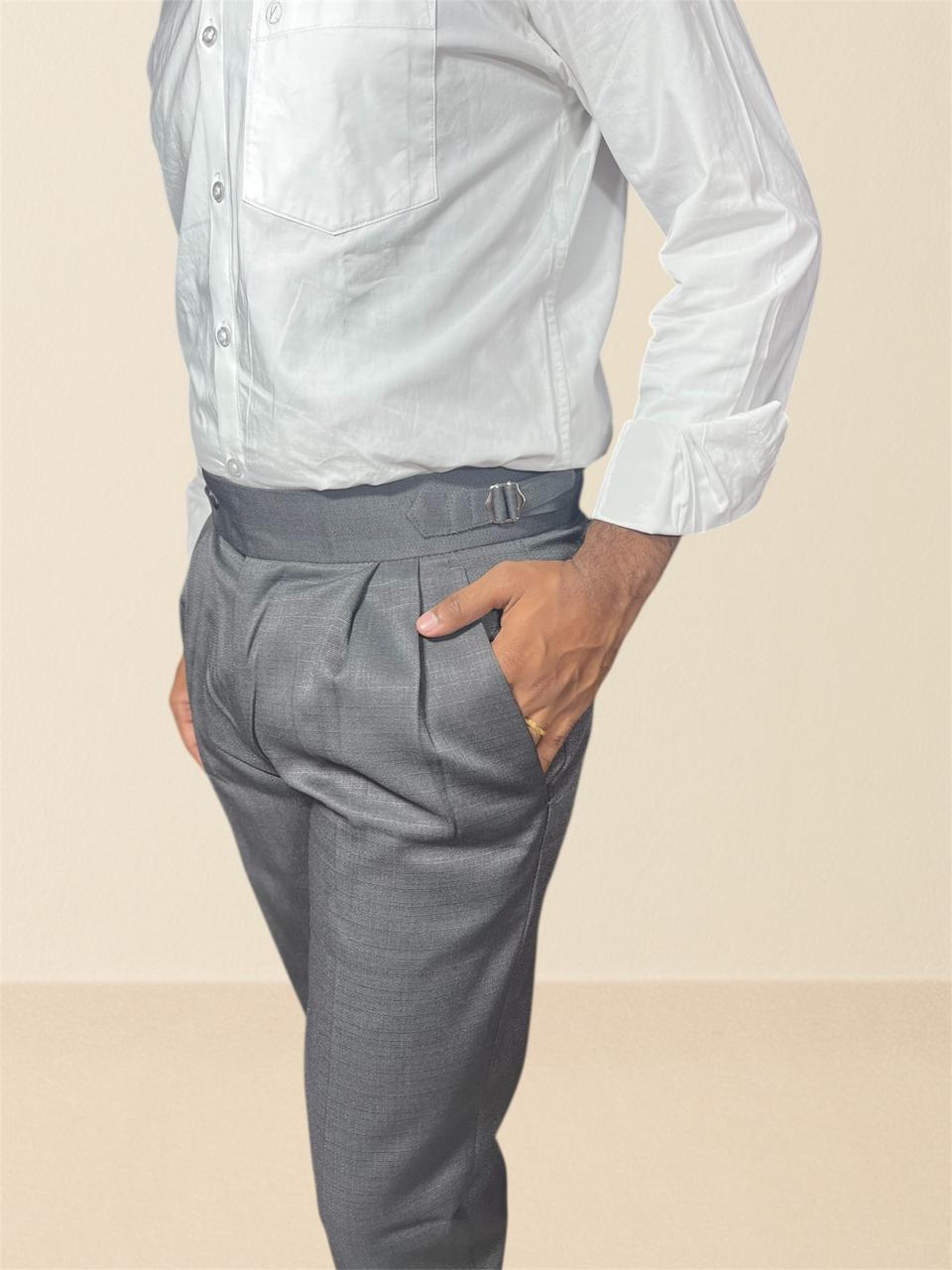 Drack Grey Double _Buckle Linen Textured Gurkha pants for Men