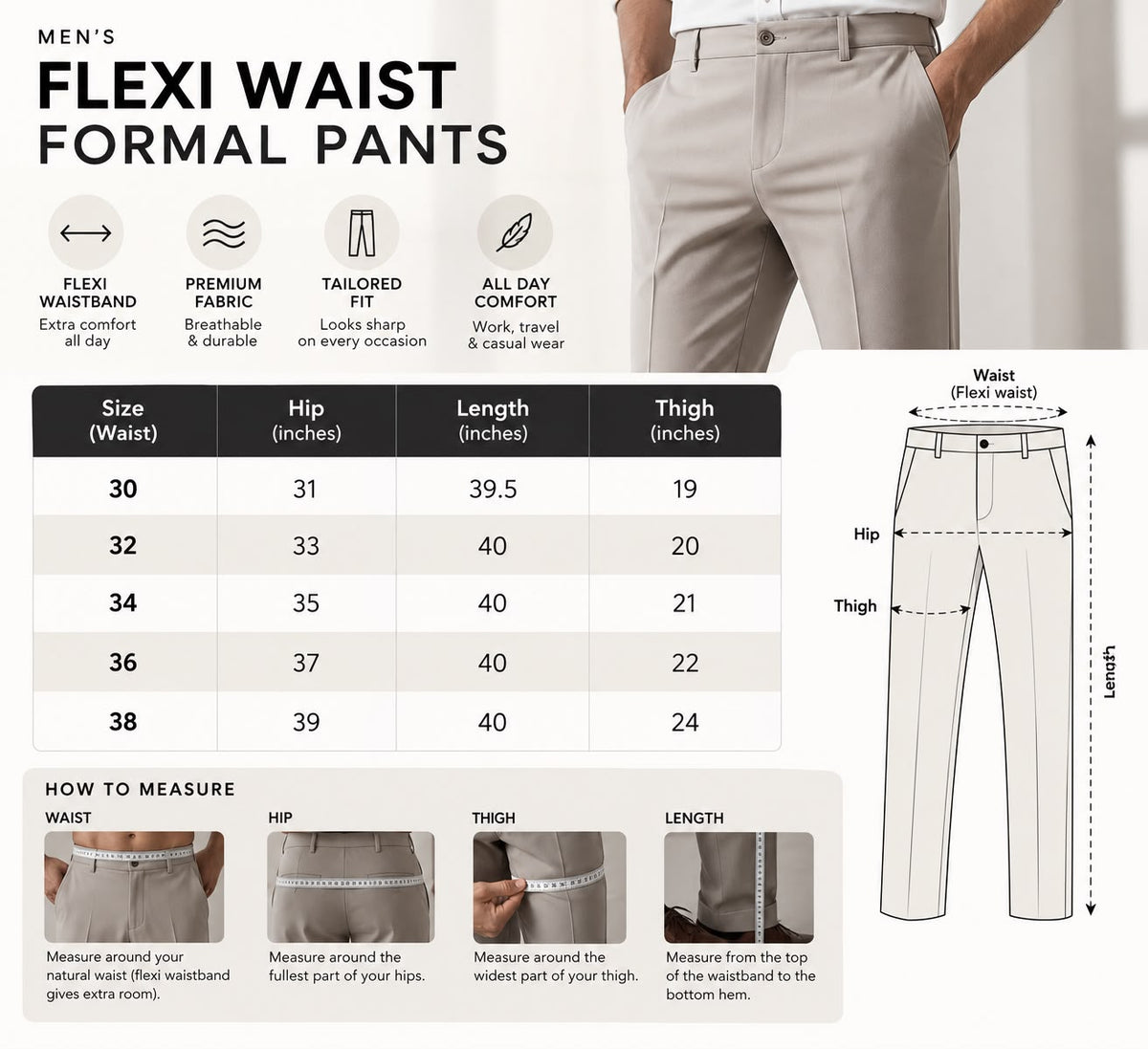 Champagne ivory Premium French Terry 4-Way Stretch Formal Pants with Flexi Waist | Textured Tailored Fit