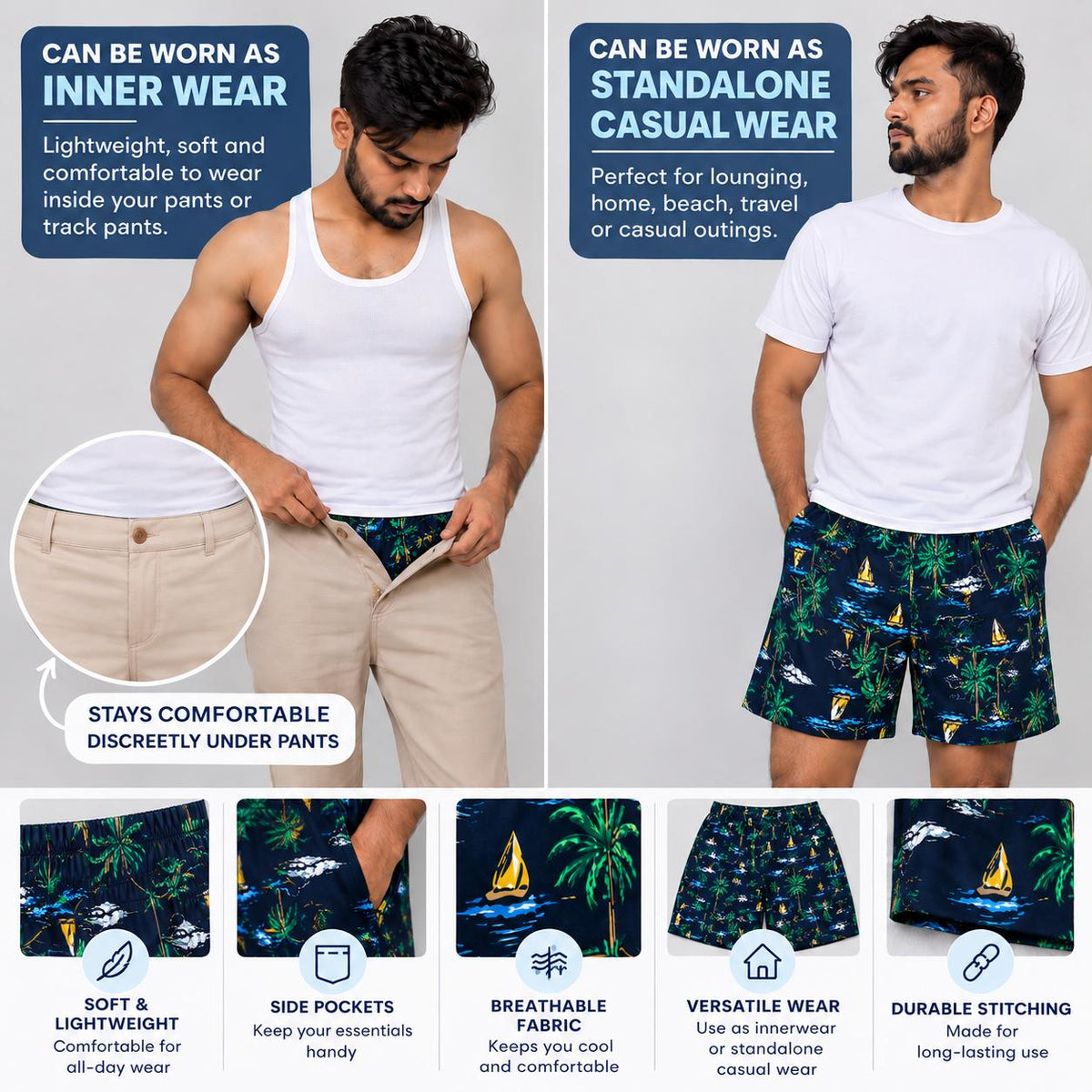 Men’s 100% cotton Tropical Printed Boxer Shorts | Double side pockets