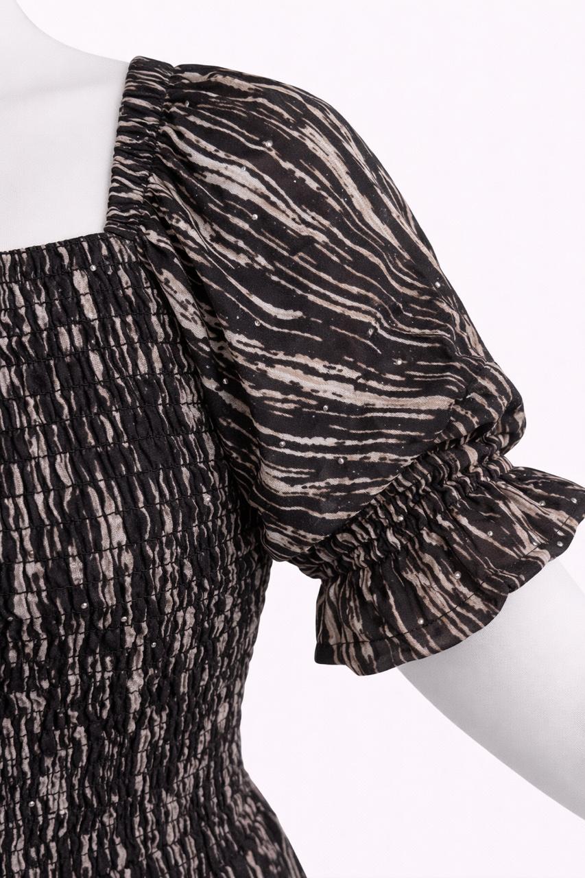 Women's Brown printed sundress with puff sleeves