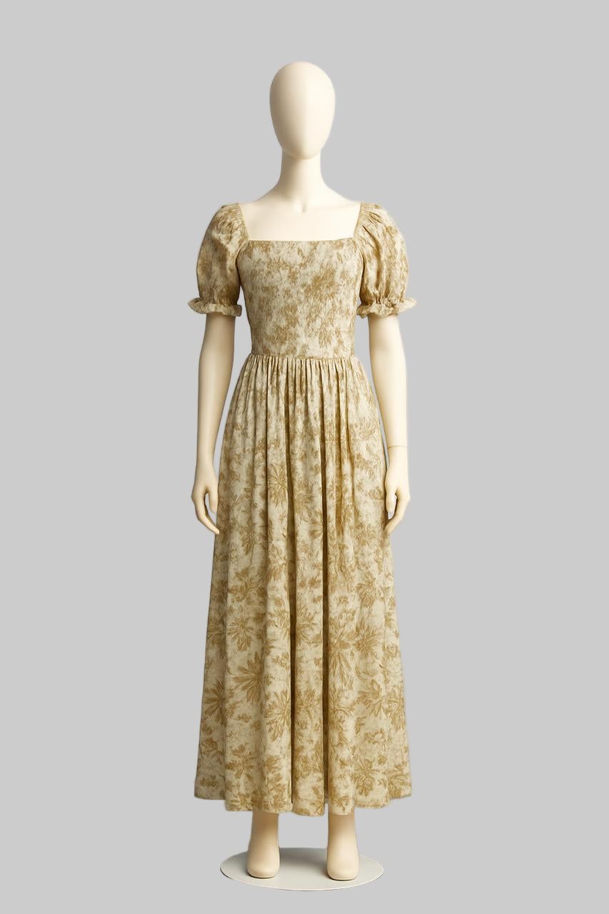 Women's coffee brown printed sundress with puff sleeve