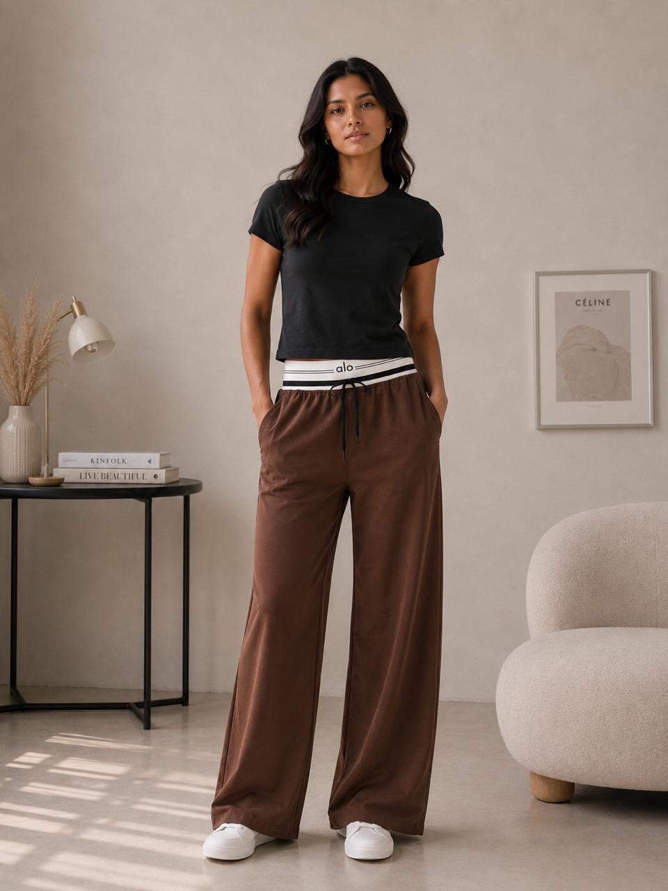 Women’s Brown Wide-Leg Track Pants with Striped Elastic Waistband & Drawstring