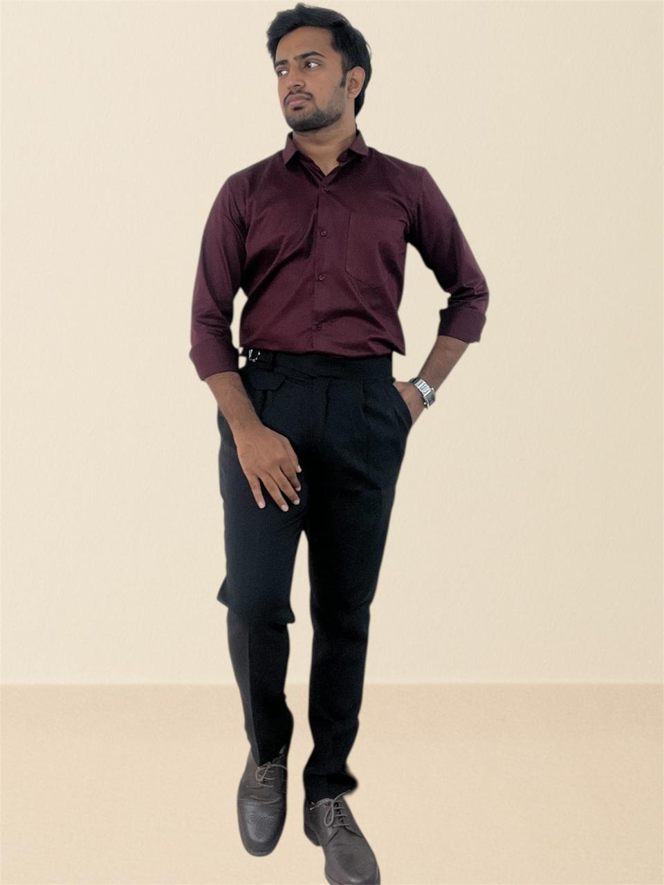 Burgundy wine fluid shirt & black Gurkha pants set