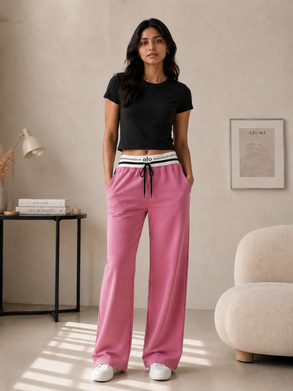 Women’s Pink Wide-Leg Track Pants with Striped Elastic Waistband & Drawstring