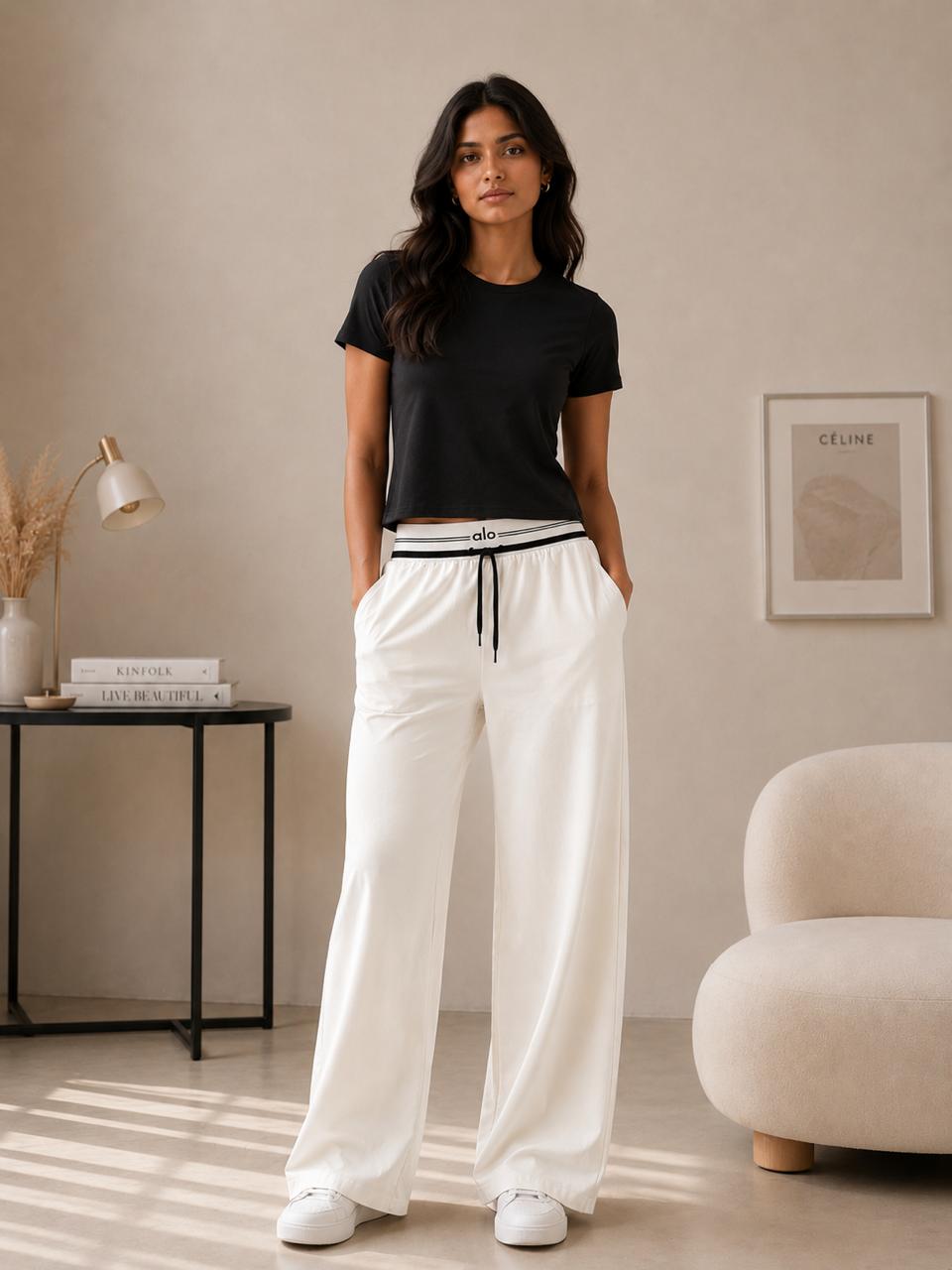 Women’s Off-white Wide-Leg Track Pants with Striped Elastic Waistband & Drawstring