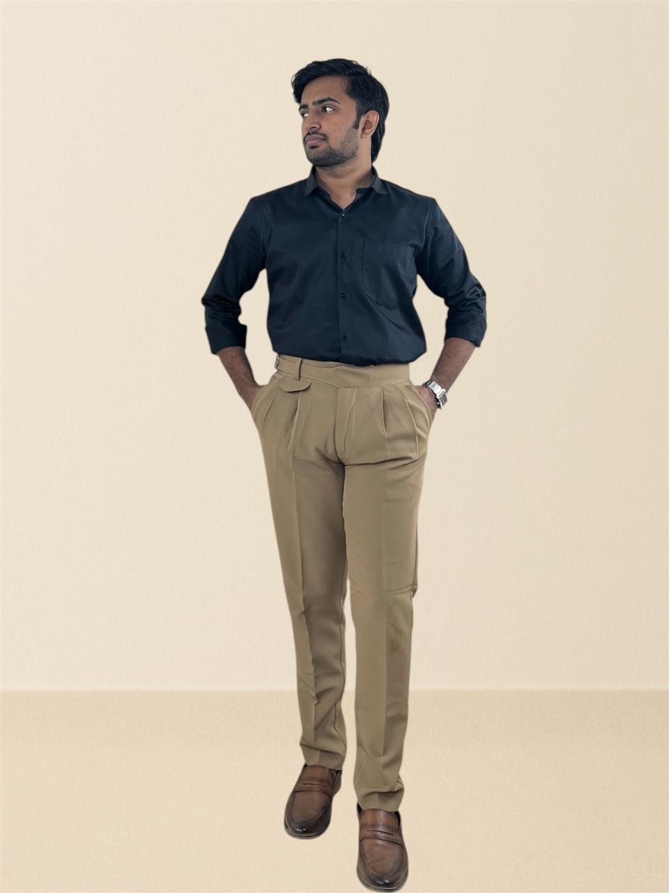 Black fluid shirt & Khaki brown Gurkha pant set