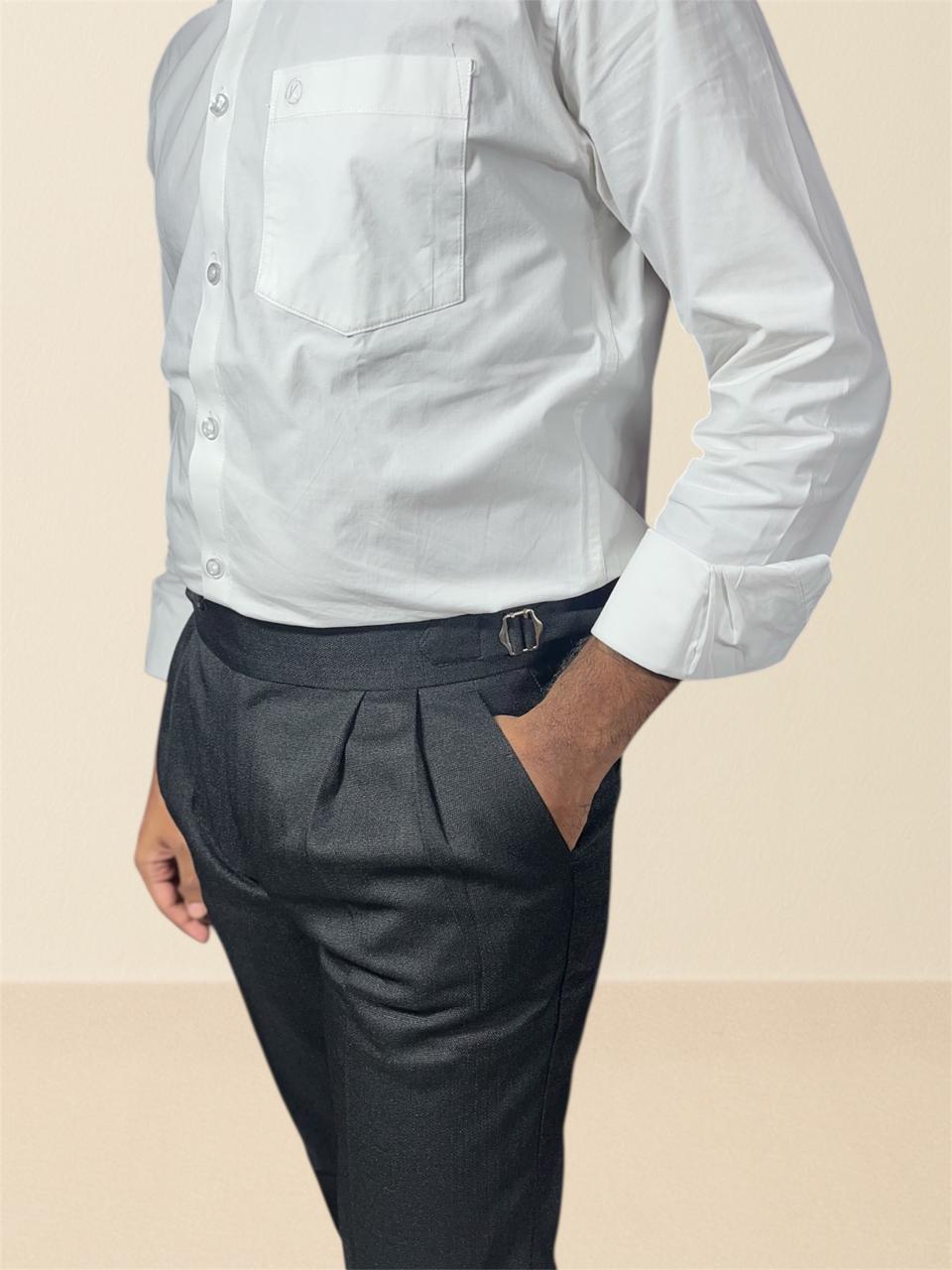 Black Double -Buckle Linen Textured Gurkha pants for Men