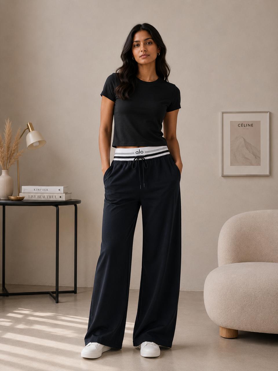 Women’s Black Wide-Leg Track Pants with Striped Elastic Waistband & Drawstring