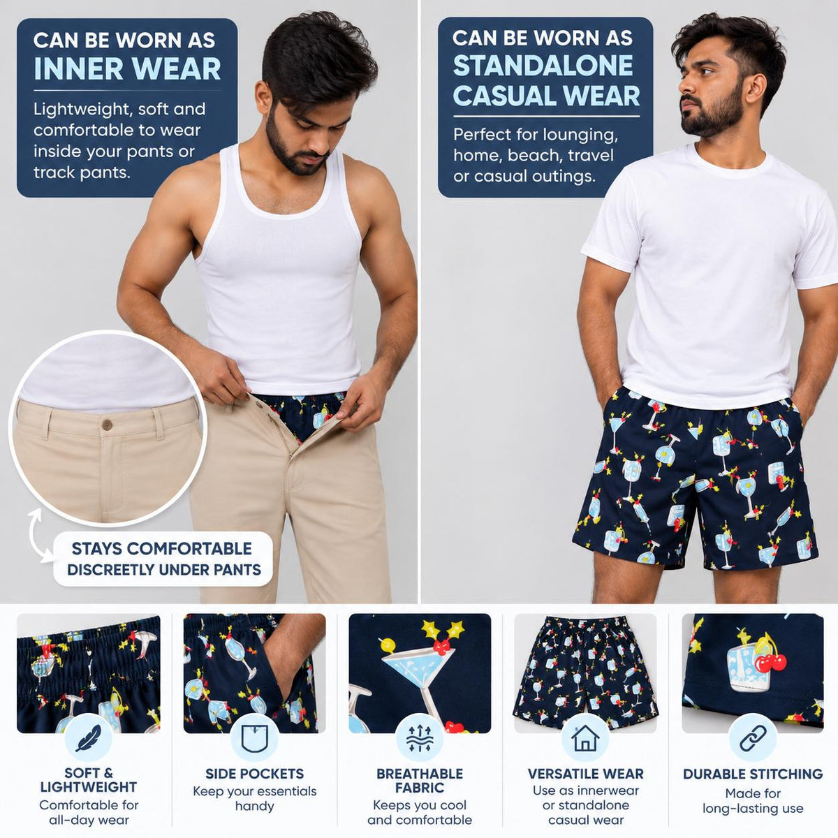 Men’s 100% cotton Cocktail Printed Boxer Shorts | Double side pockets