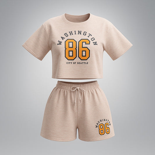 Women's relaxed-fit cream graphic crop-top & shorts co-ord set
