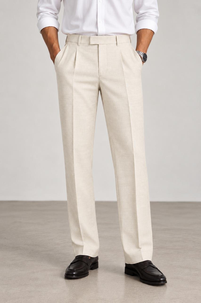 Chiffon cream Premium French Terry 4-Way Stretch Formal Pants with Flexi Waist | Textured Tailored Fit