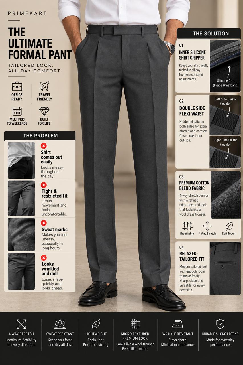 Moonstone black Premium French Terry 4-Way Stretch Formal Pants with Flexi Waist | Textured Tailored Fit