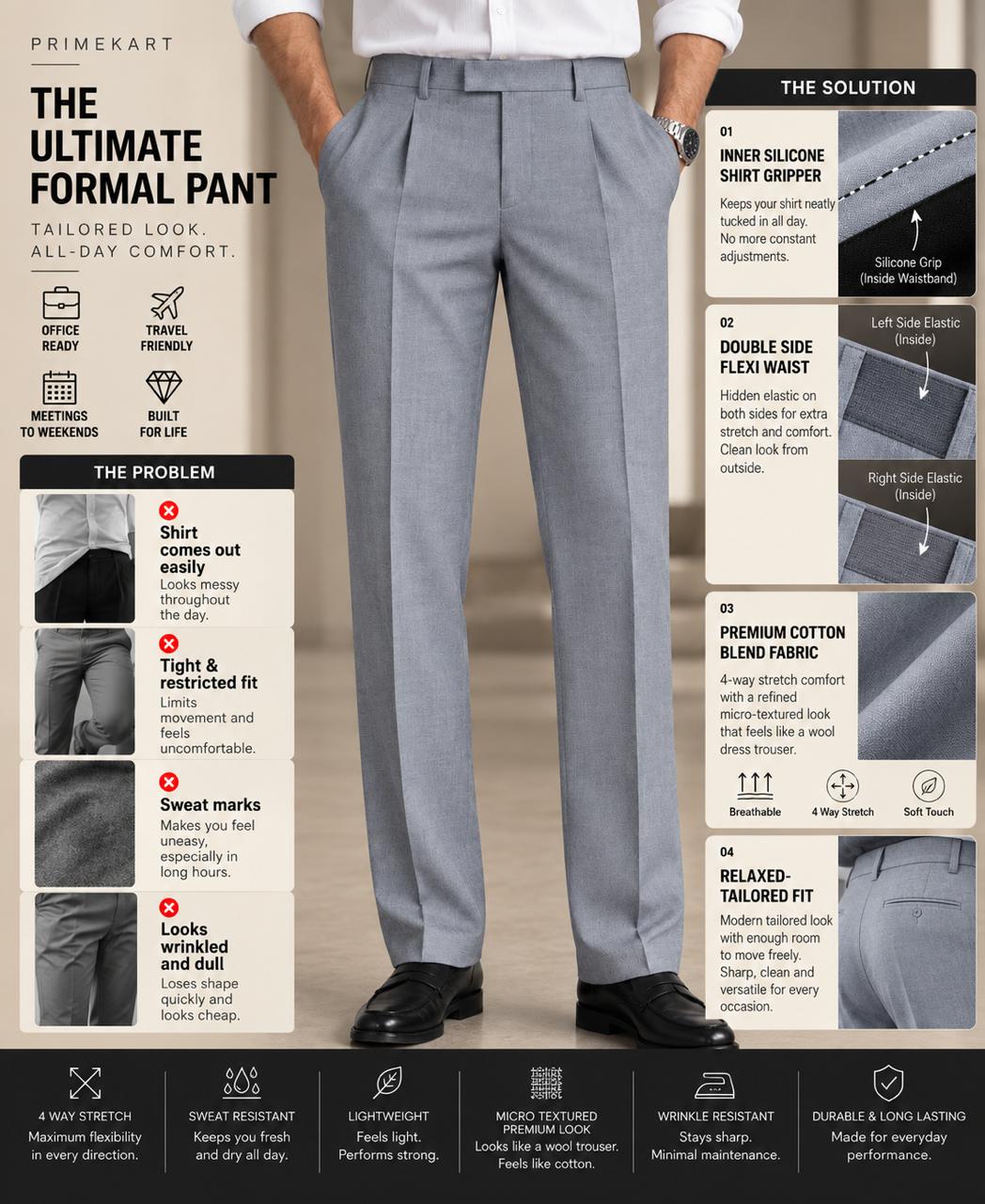 Iceberg grey Premium French Terry 4-Way Stretch Formal Pants with Flexi Waist | Textured Tailored Fit