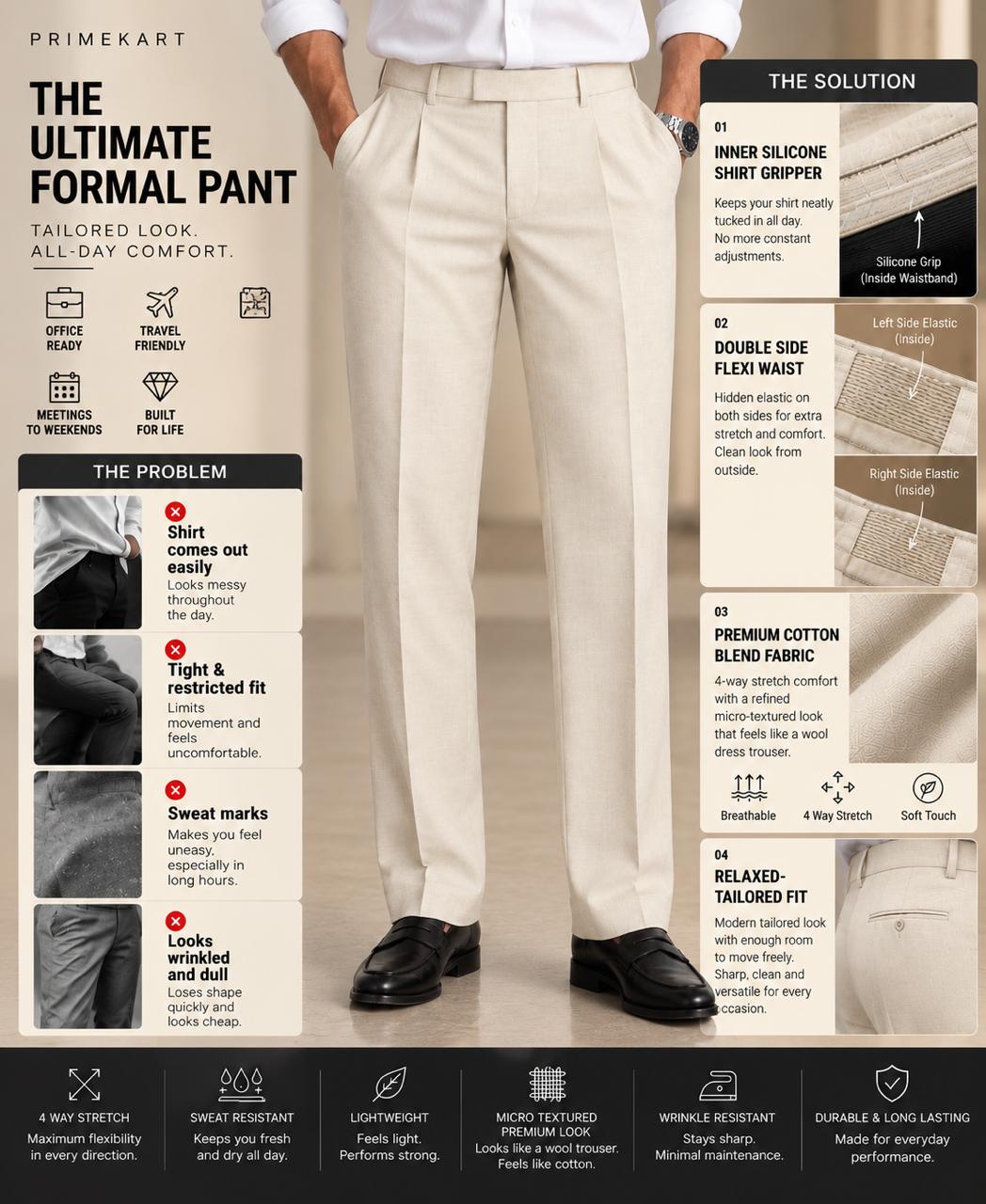 Chiffon cream Premium French Terry 4-Way Stretch Formal Pants with Flexi Waist | Textured Tailored Fit