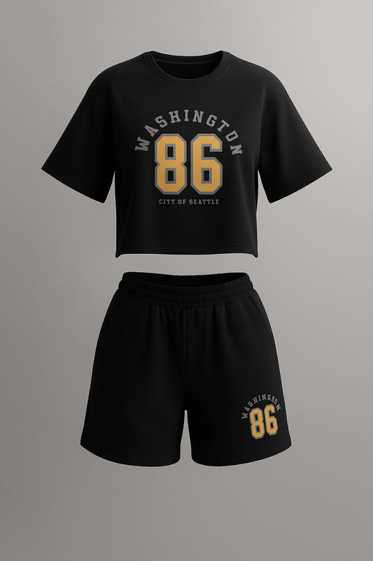 Women's relaxed-fit graphic crop-top tshirt & shorts co-ors set