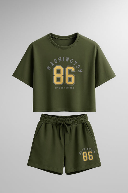 women's relaxed-fit olive green crop top & shorts co-ord set