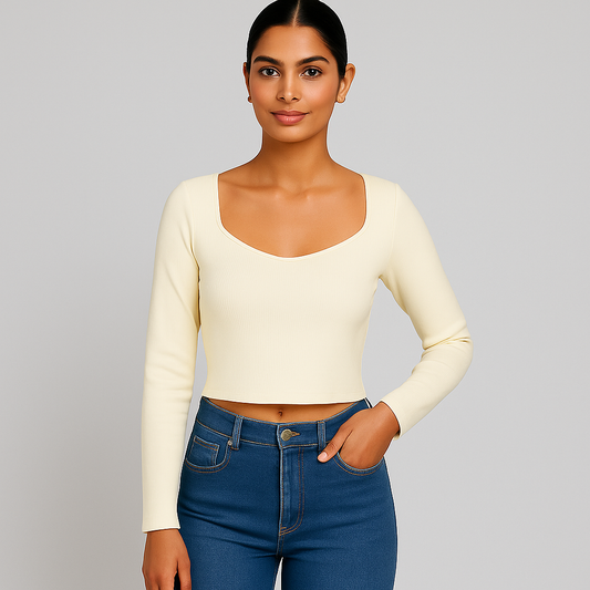 Stylish Cream Knitted Crop T-Shirt – Full Sleeves