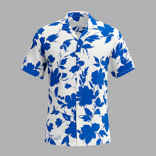 White and blue floral printed cuban collar shirt