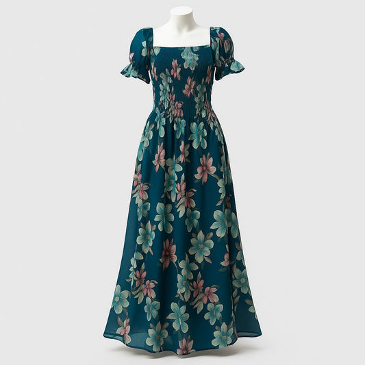 women's dark turquoise sundress with puff sleeve
