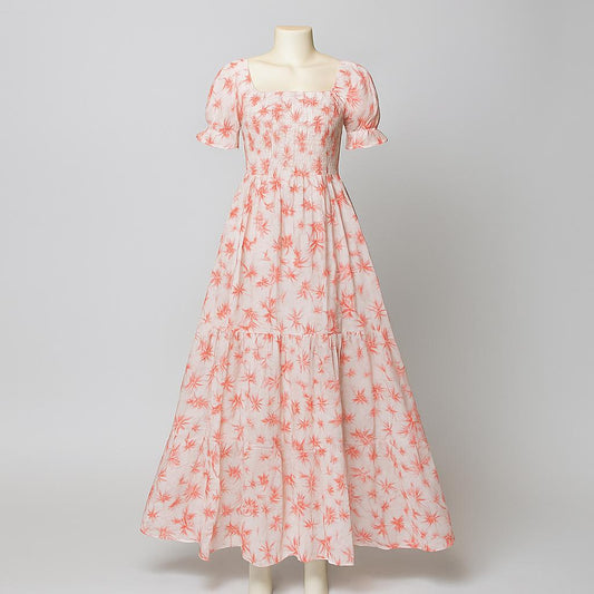 women's white & orange printed sundress with puff sleeve