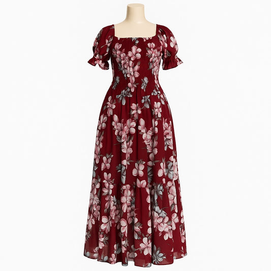 women's deep red sundress with puff sleeve