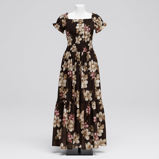 women's brown sundress with puff sleeve
