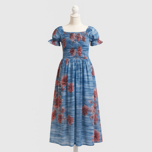 women's blue & red printed sundress with puff sleeve