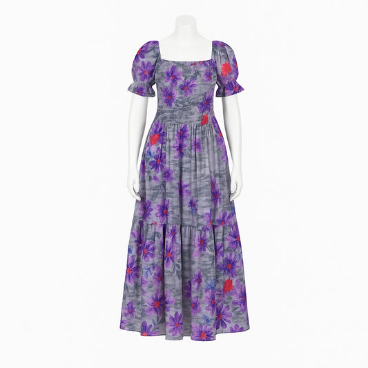 women's grey & purple printed sundress with puff sleeve