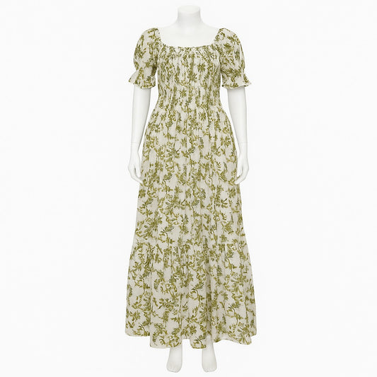 women's white & green printed sundress with puff sleeve