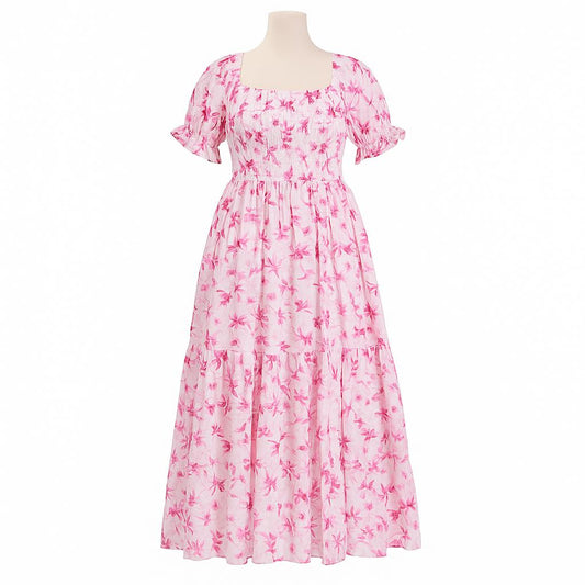 women's white & pink sundress with puff sleeve