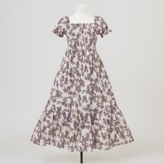 women's white & purple printed sundress with puff sleeve