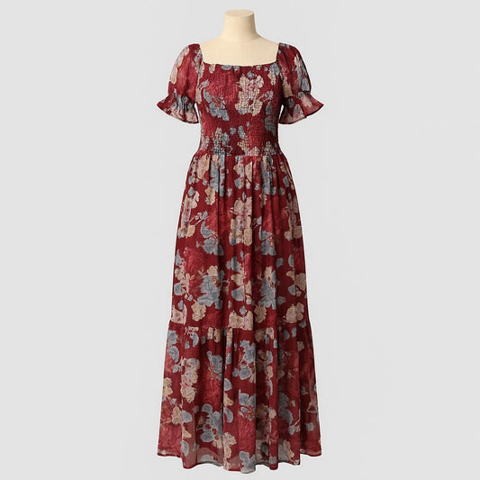 women's brick red sundress with puff sleeve