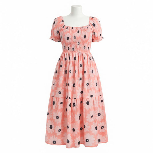 women's pink printed sundress with puff sleeve