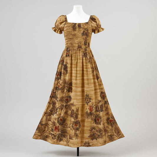 women's coffee brown sundress with puff sleeve