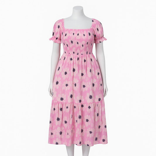 women's pink printed sundress with puff sleeve