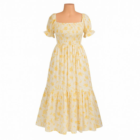women's white & yellow printed sundress with puff sleeve