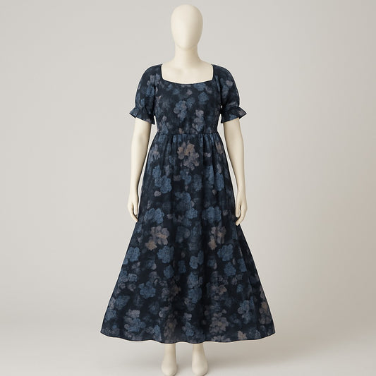 women's dark blue sundress with puff sleeve