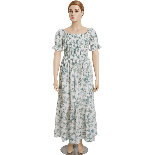 women's white and blue printed sundress with puff sleeve