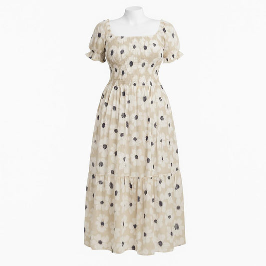 women's cream printed sundress with puff sleeve